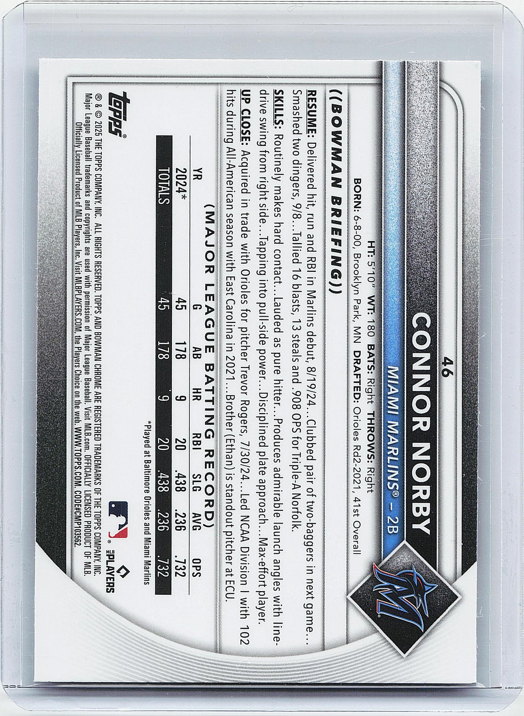 2025 Bowman #46b Connor Norby Chrome Mojo Refractor
