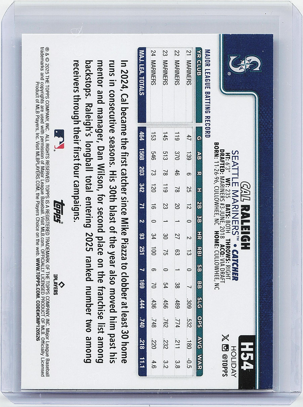 2025 Topps Holiday #H54 Cal Raleigh Silver Glitter Holiday