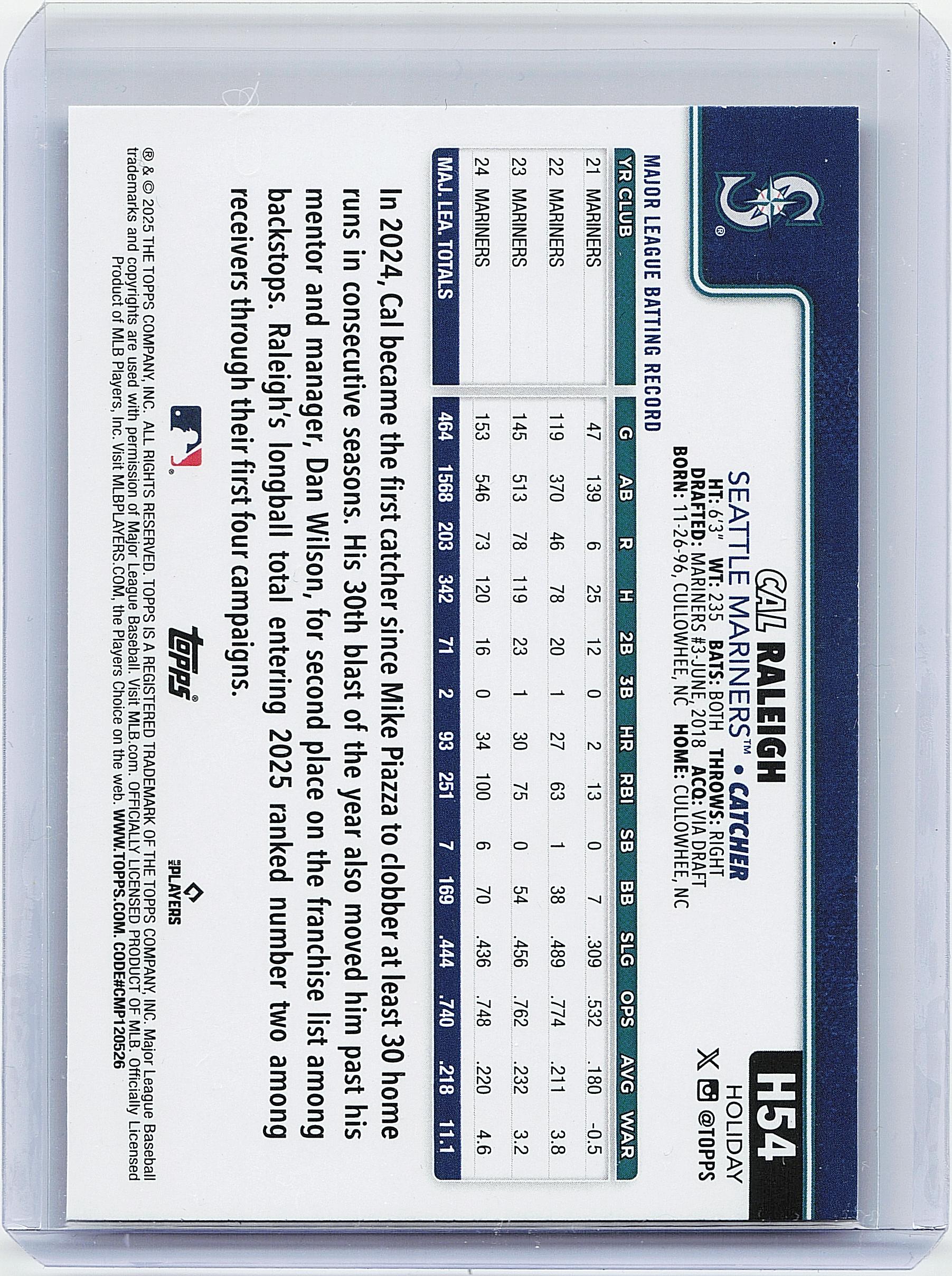 2025 Topps Holiday #H54 Cal Raleigh Silver Glitter Holiday