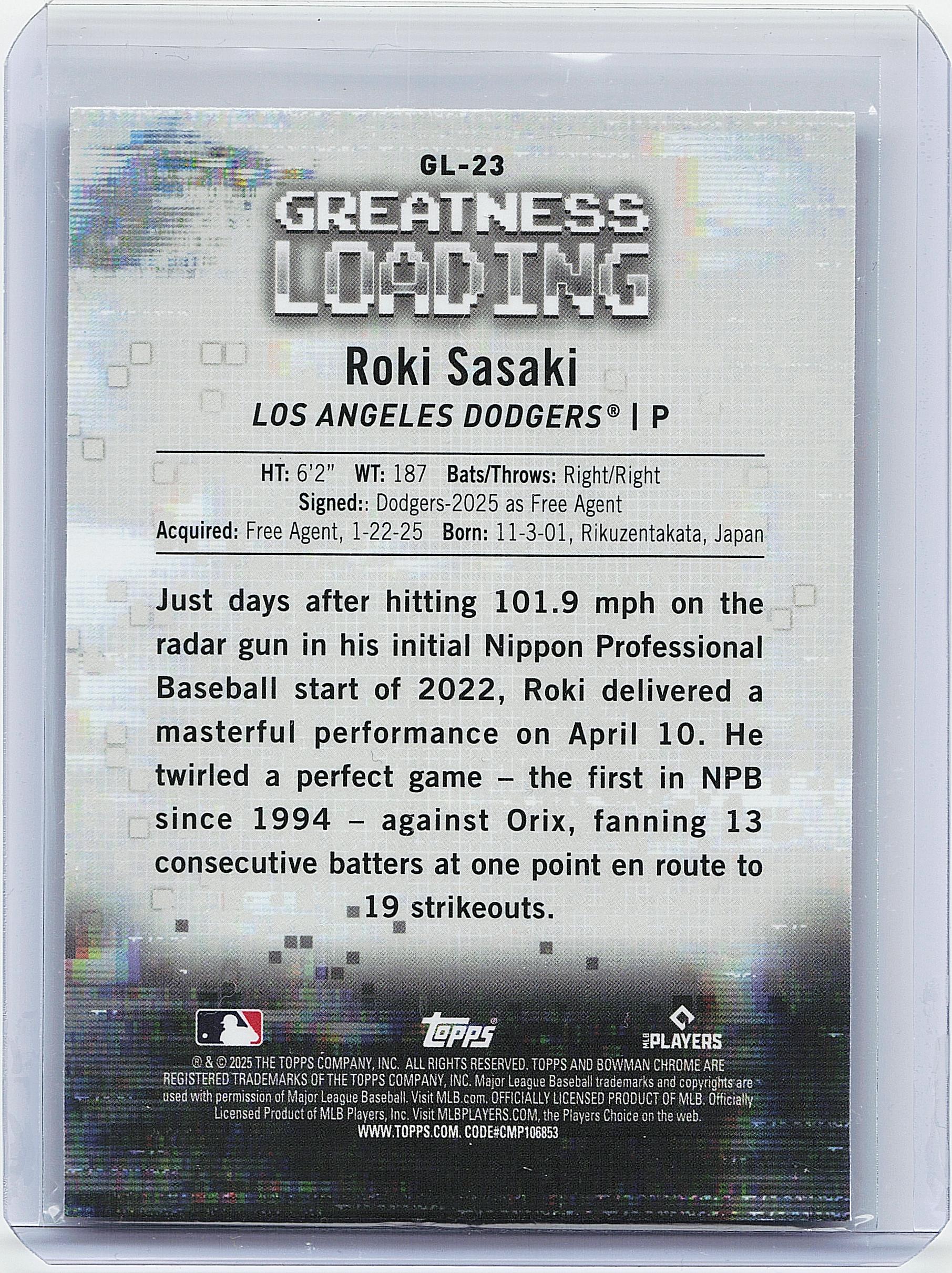 2025 Bowman #GL-23 Roki Sasaki Greatness Loading
