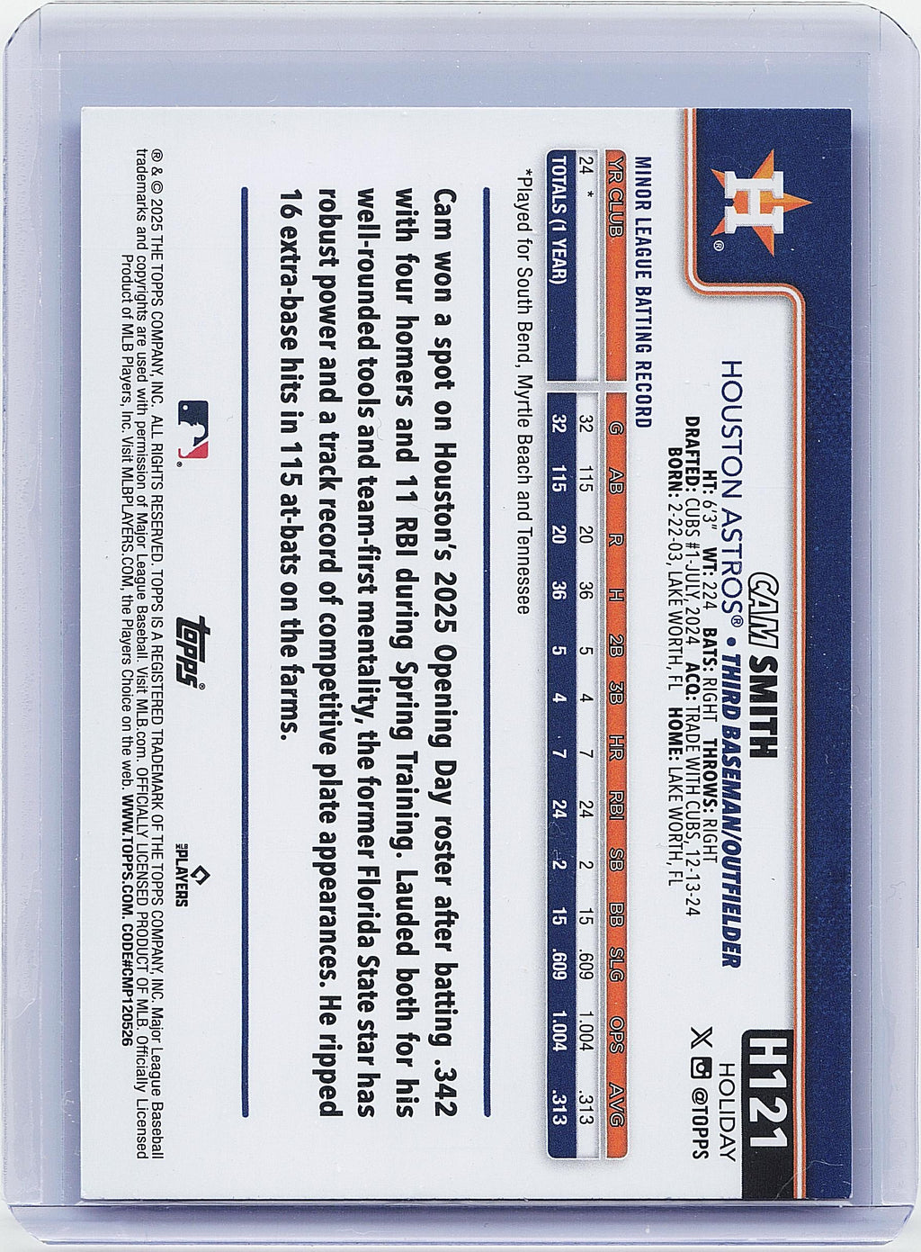 2025 Topps Holiday #H121 Cam Smith Blue Metallic Holiday Lights