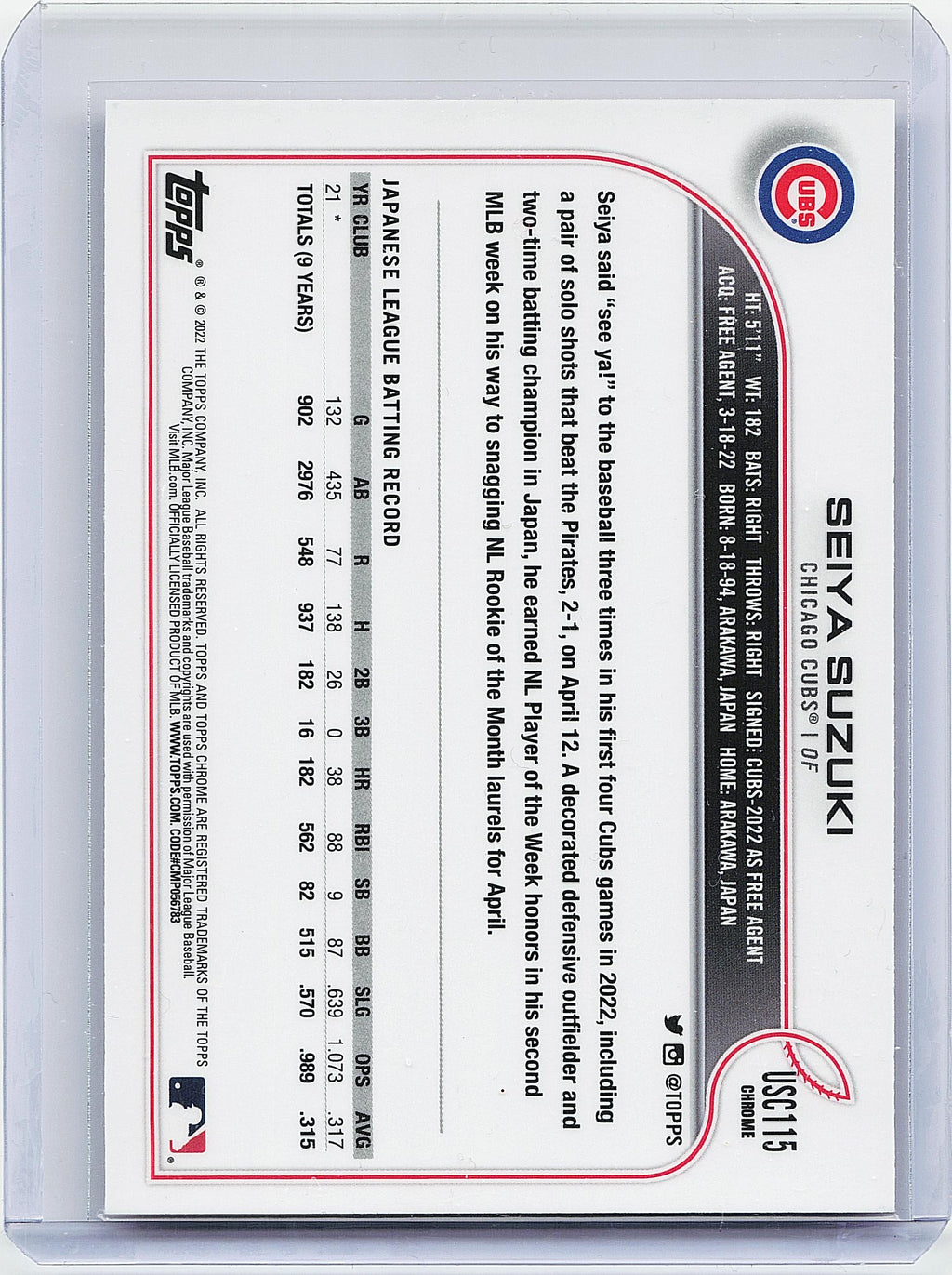 2022 Topps Chrome Update #USC144 Seiya Suzuki Pink Wave Refractor