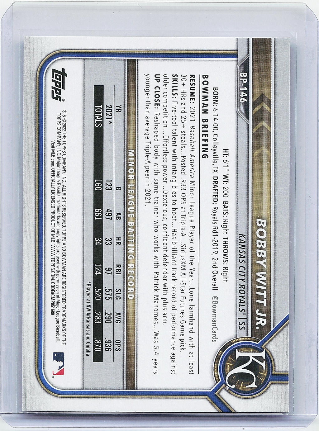 2022 Bowman #BP-146 Bobby Witt Jr. Prospects