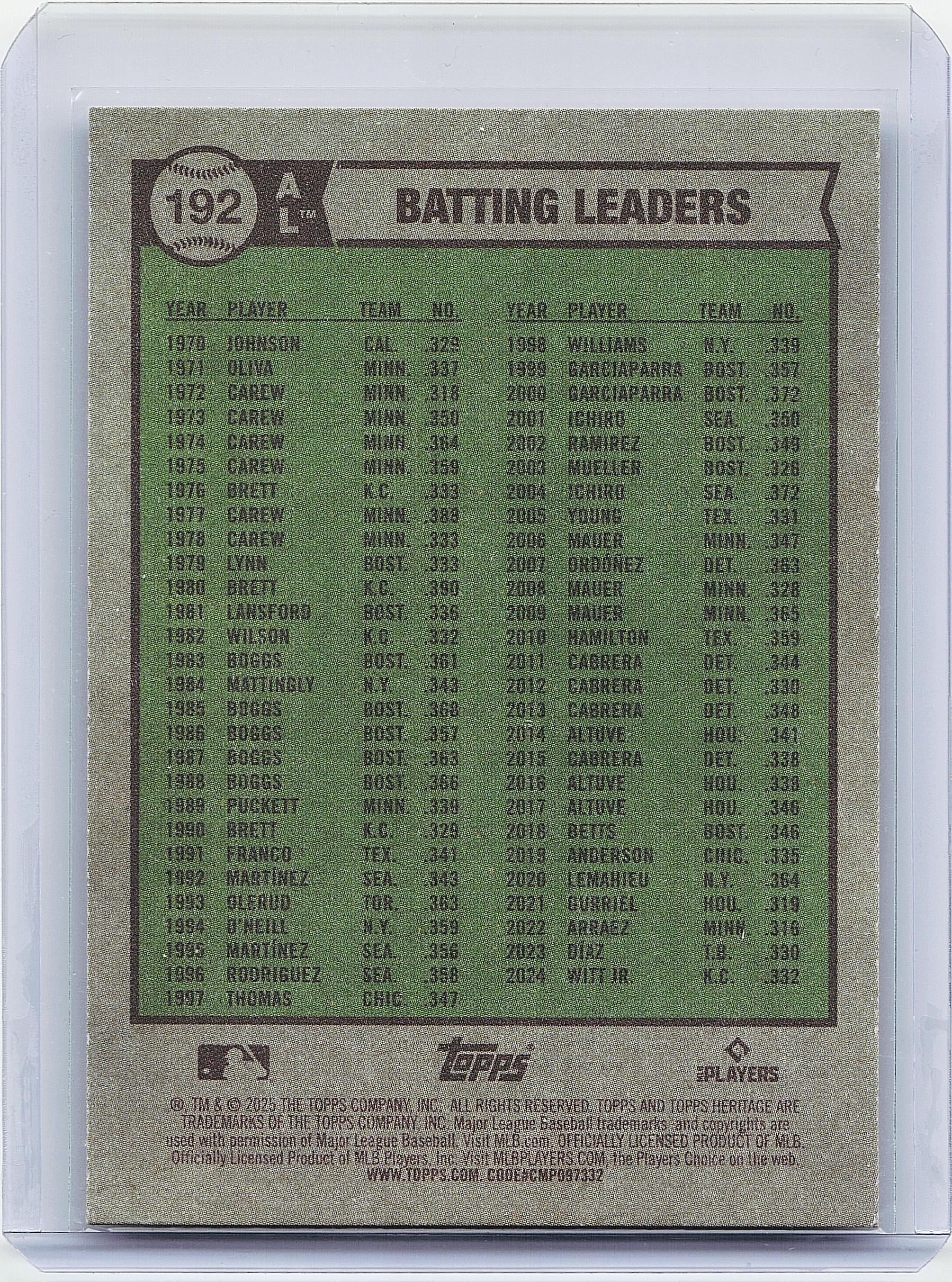 2025 Topps Heritage #192 AL Batting (Judge / Guerrero Jr. / Bobby Witt Jr.)