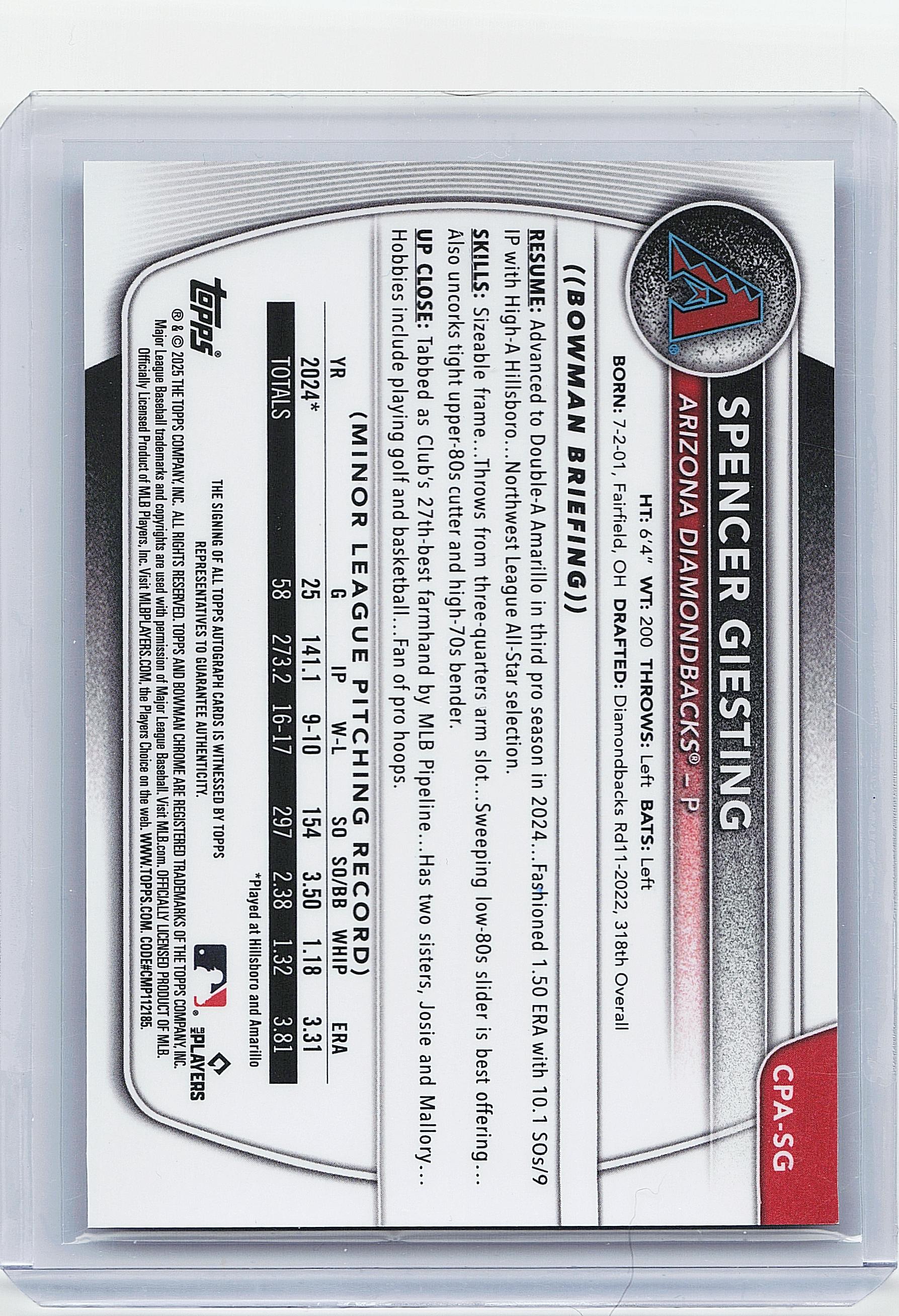 2025 Bowman Chrome #CPA-SG Spencer Giesting Prospect Autographs