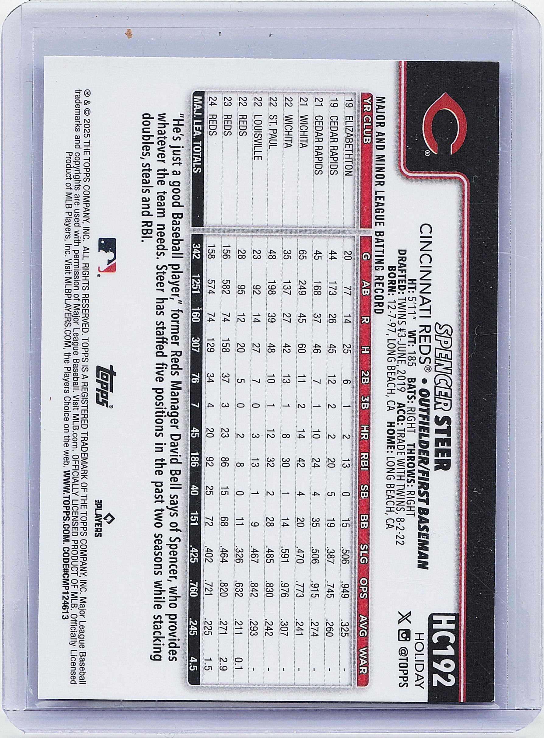 2025 Topps Holiday #HC192 Spencer Steer Chrome Blue Refractors #/199