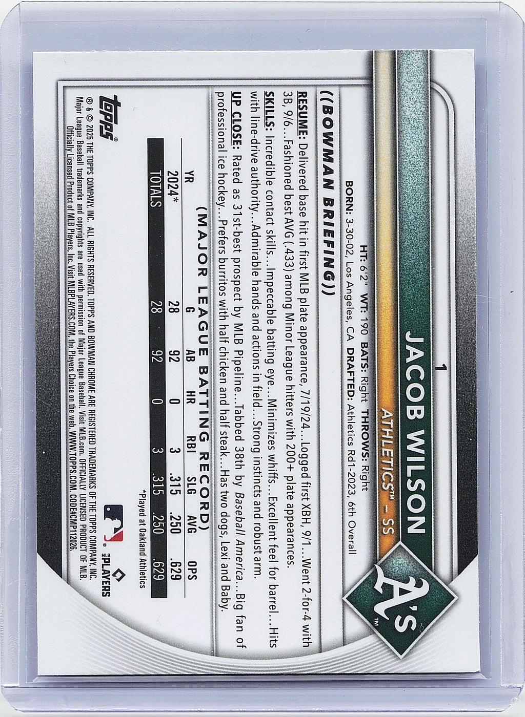 2025 Bowman Chrome #1 Jacob Wilson