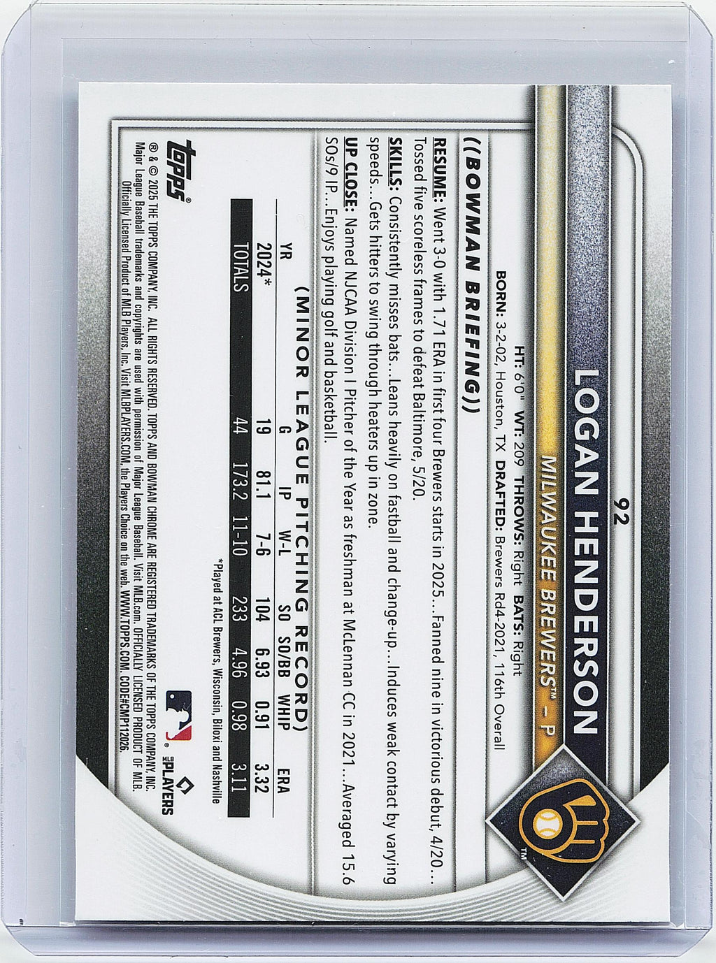 2025 Bowman Chrome #92 Logan Henderson