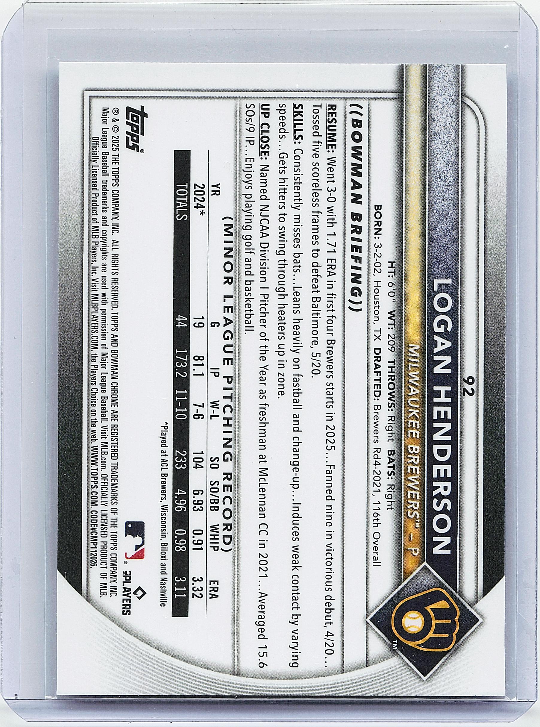 2025 Bowman Chrome #92 Logan Henderson