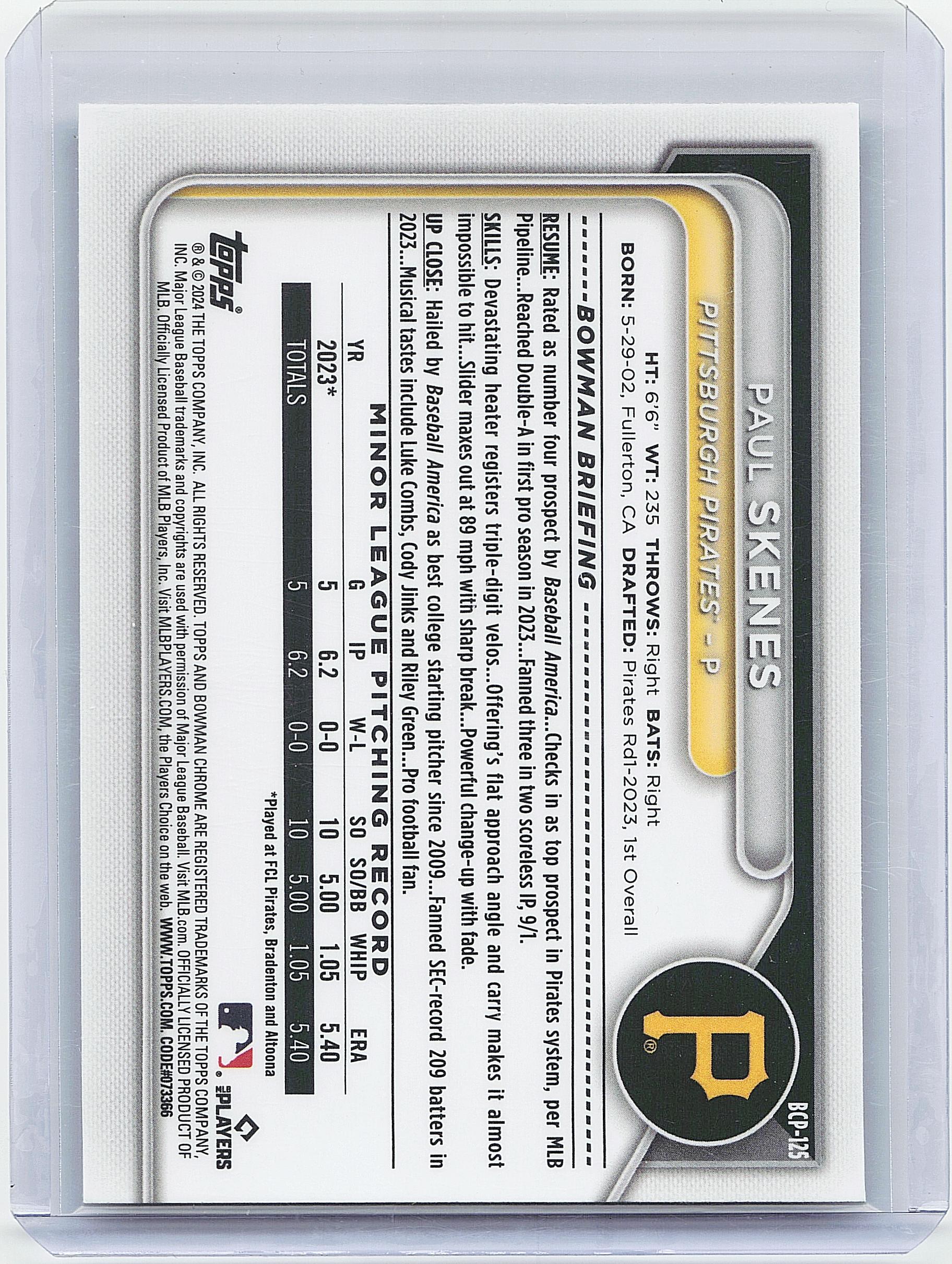 2024 Bowman #BCP-125 Paul Skenes Chrome Prospects Mojo Refractors