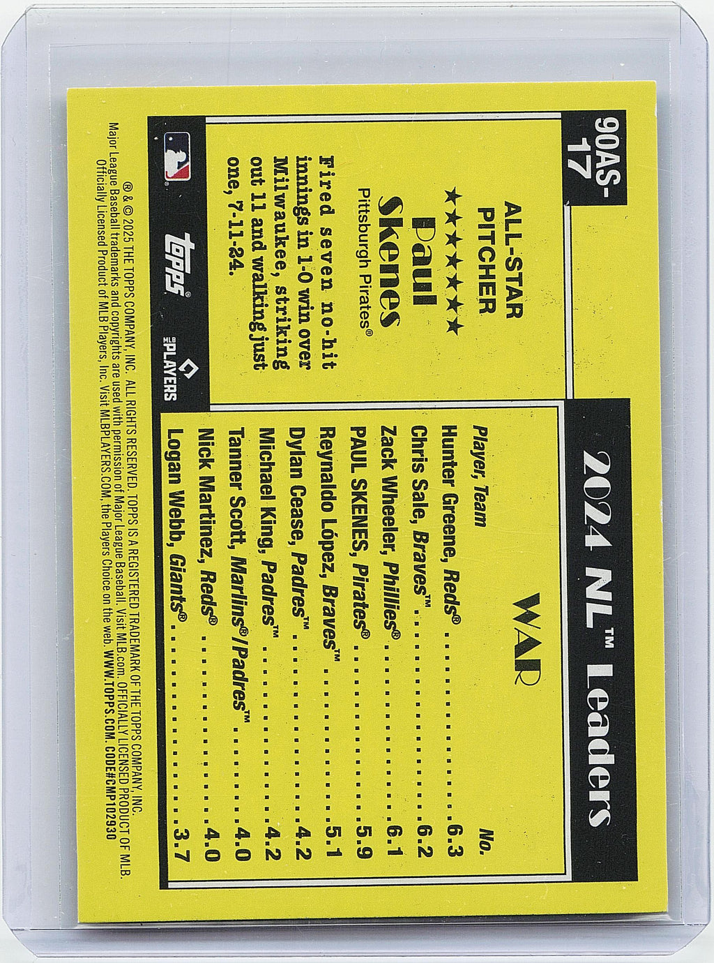 2025 Topps #90AS-17b Paul Skenes 1990 Topps Baseball 35th Anniversary All-Stars