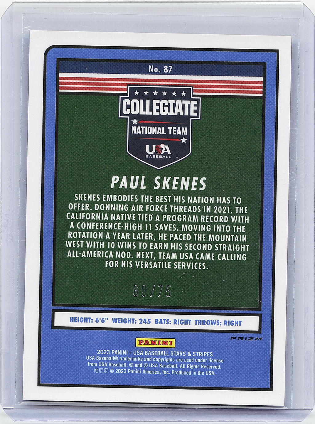 2023 Panini Stars & Stripes USA Baseball #87 Paul Skenes Blue #/75