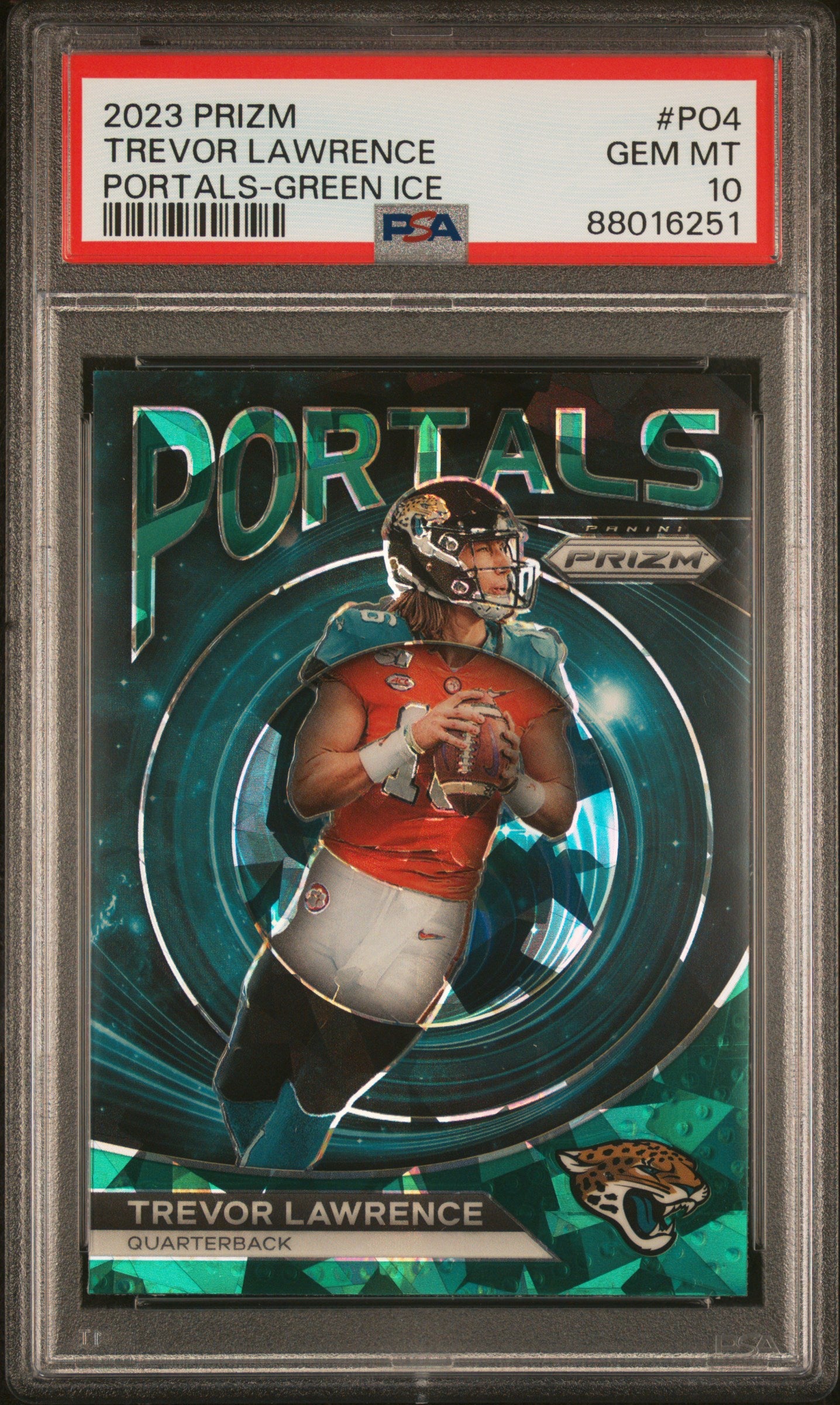 2023 Panini Prizm Portals #PO4 Trevor Lawrence Portals-Green Ice PSA 10