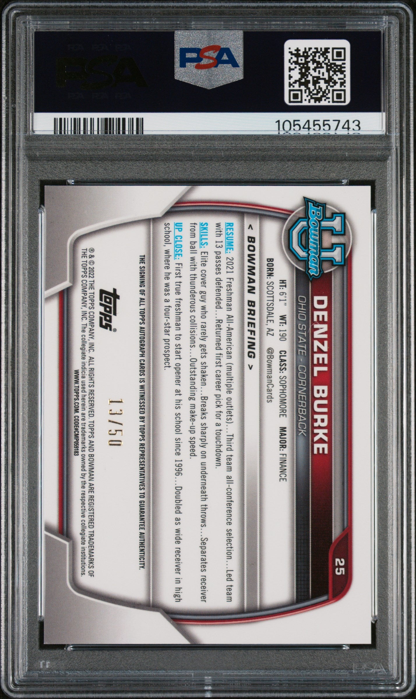 2022 Bowman U Chrome Prospects #25 Denzel Burke Chrome Pros-Auto-Gold PSA 8
