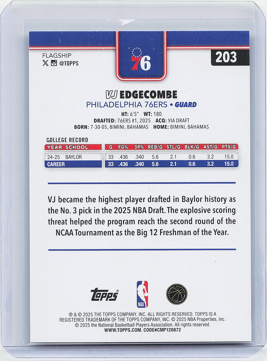 2025-26 Topps #203 VJ Edgecombe