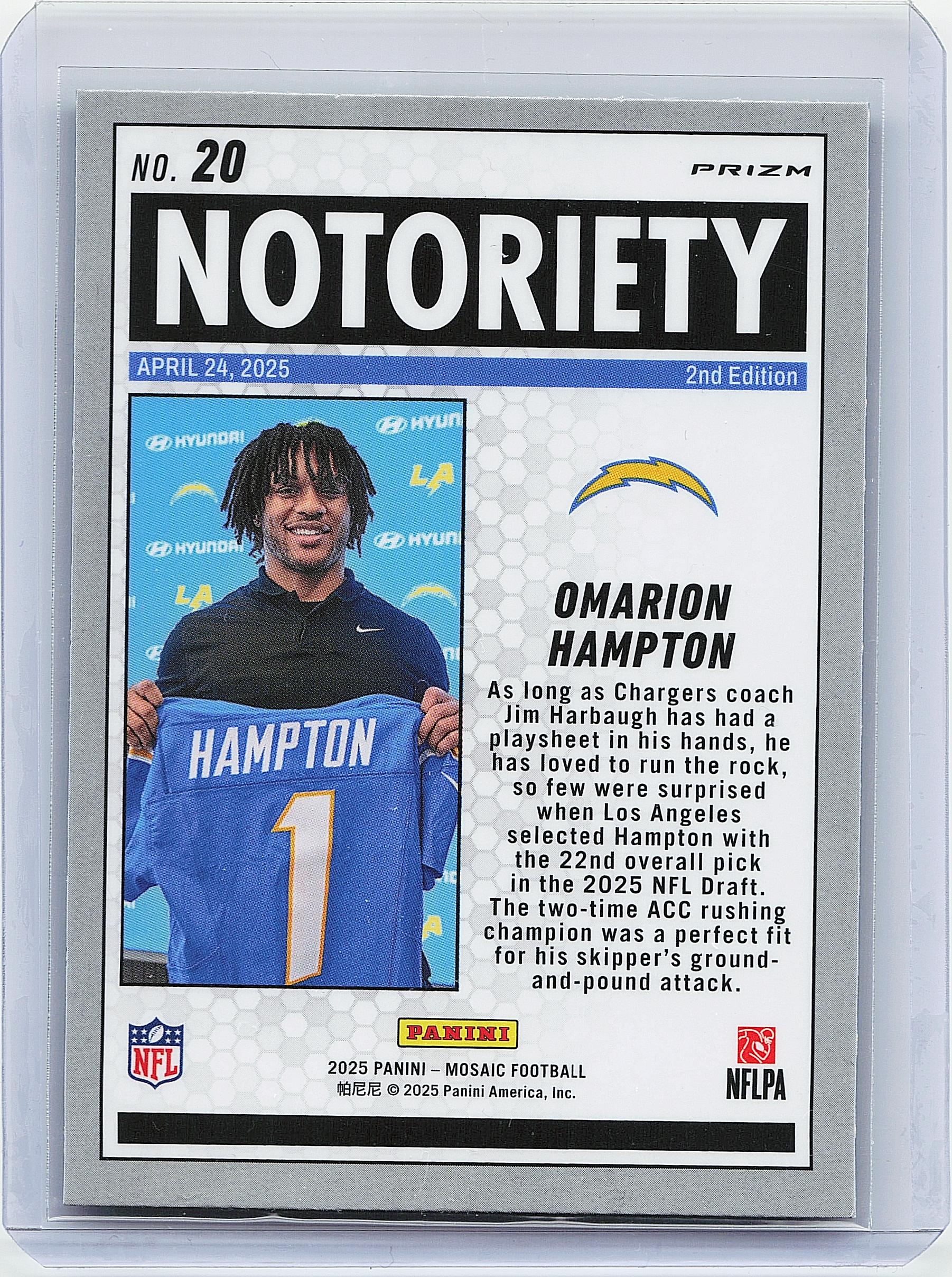 2025 Panini Mosaic #20 Omarion Hampton Notoriety Mosaic Green