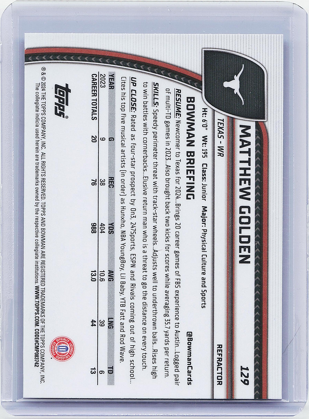 2024 Bowman University Chrome #129 Matthew Golden Refractor