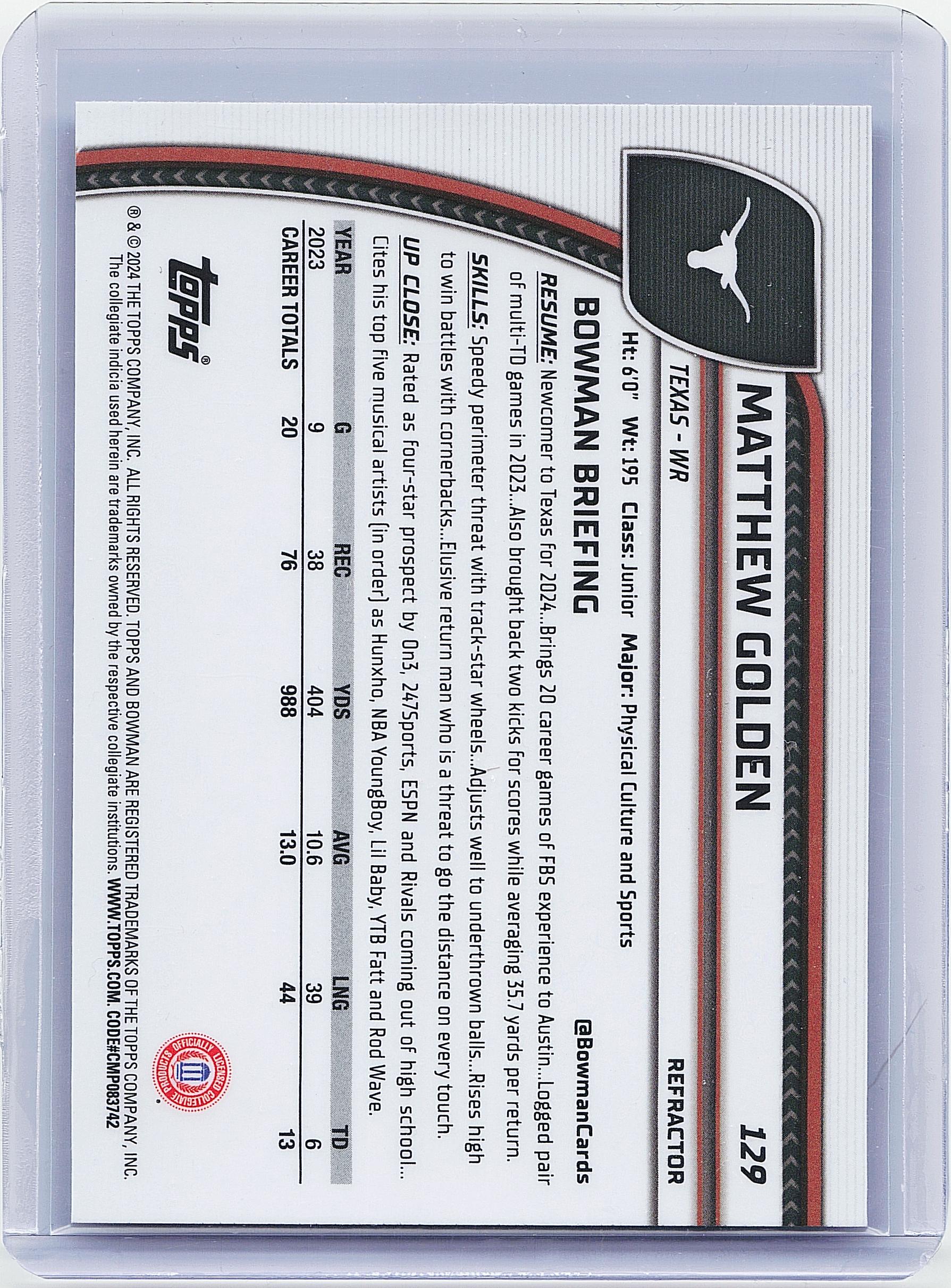 2024 Bowman University Chrome #129 Matthew Golden Refractor