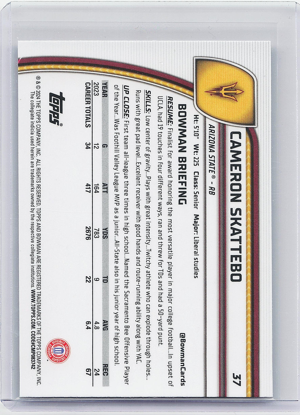 2024 Bowman University Chrome #37 Cameron Skattebo