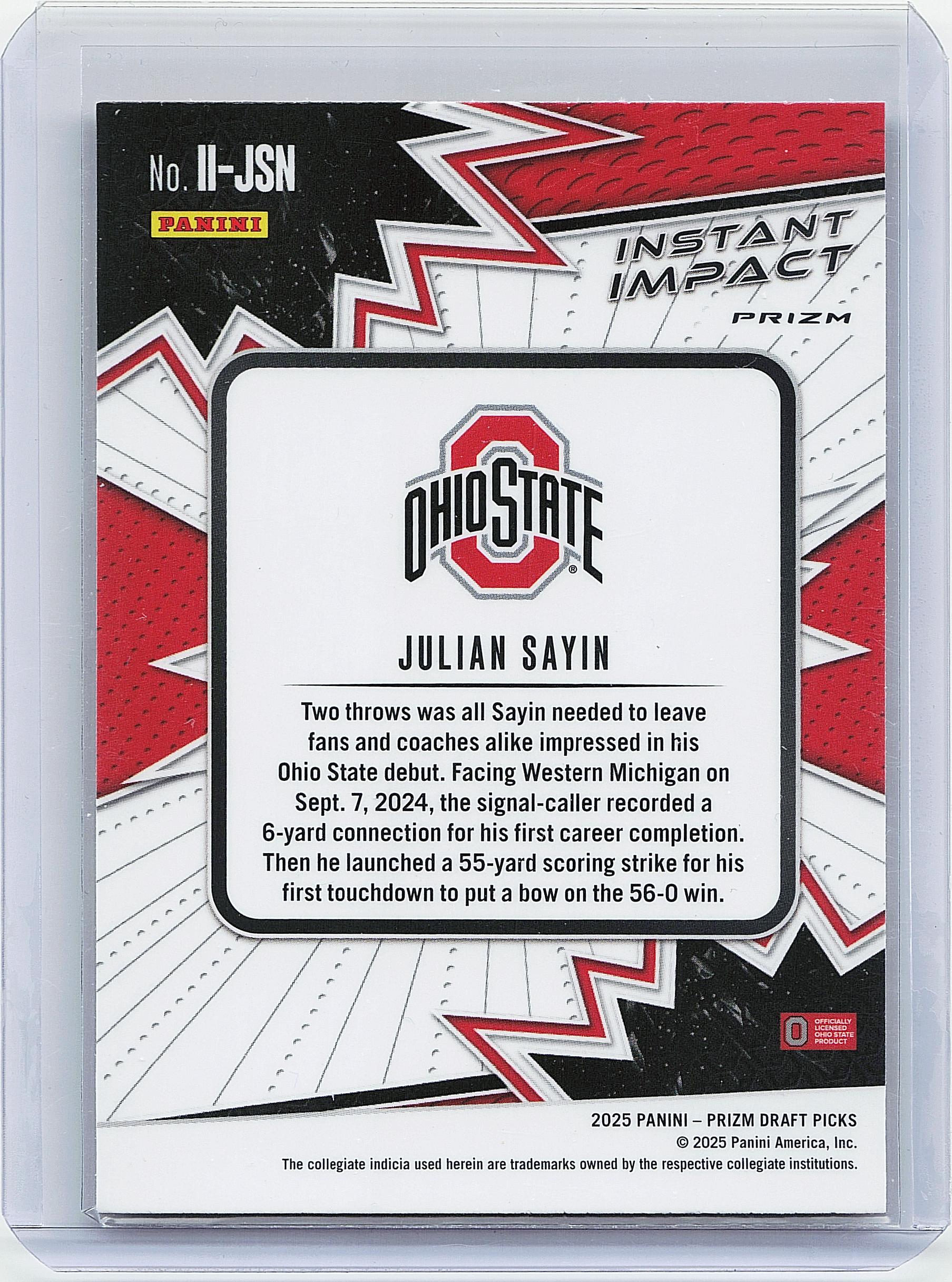 2025 Panini Prizm Draft Picks #II-JSN Julian Sayin Instant Impact Gold Ice