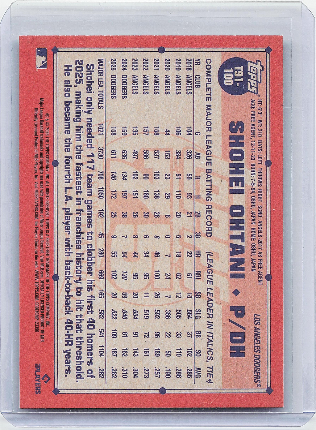 2026 Topps #T91-100 Shohei Ohtani 1991 Topps Baseball 35th Anniversary