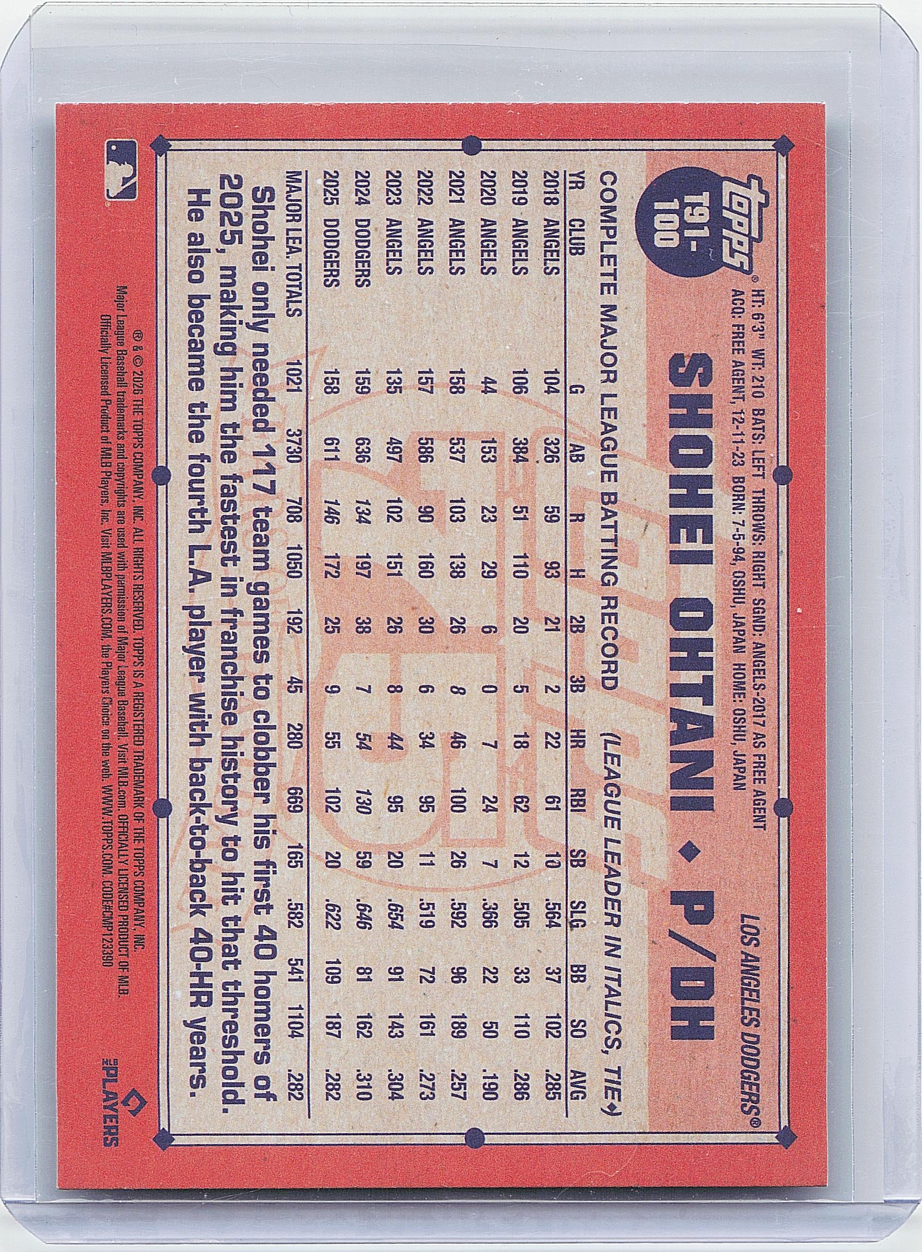 2026 Topps #T91-100 Shohei Ohtani 1991 Topps Baseball 35th Anniversary