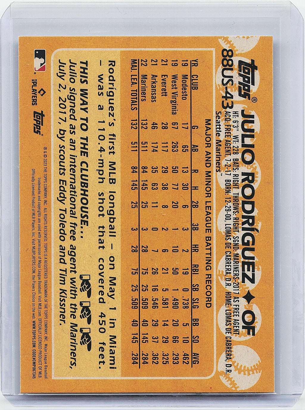 2023 Topps Update #88US-43 Julio Rodríguez 1988 Topps Baseball 35th Anniversary