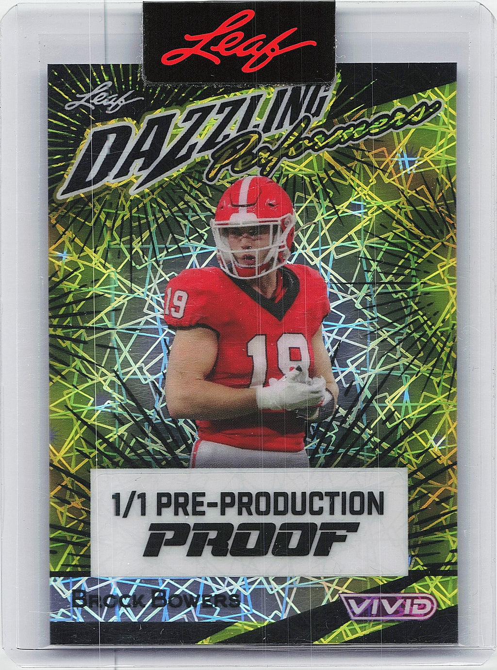 2024 Leaf Vivid #NNO Brock Bowers Dazzling Laser Green Pre-Production Proofs #/1
