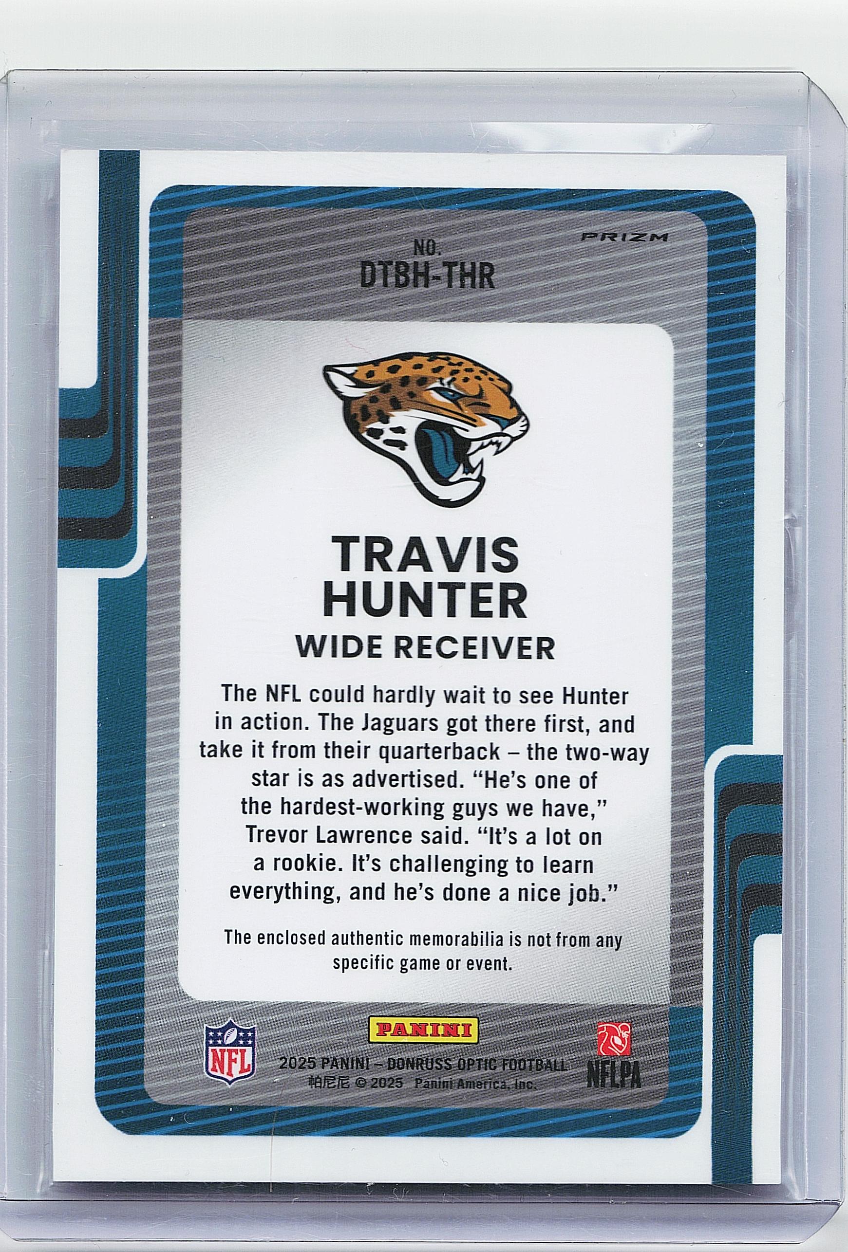 2025 Donruss Optic #DTBH-THR Travis Hunter Donruss Threads Blue Hyper
