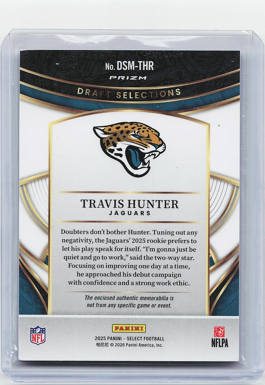 2025 Panini Select #DSM-THR Travis Hunter Draft Selections Memorabilia Blue