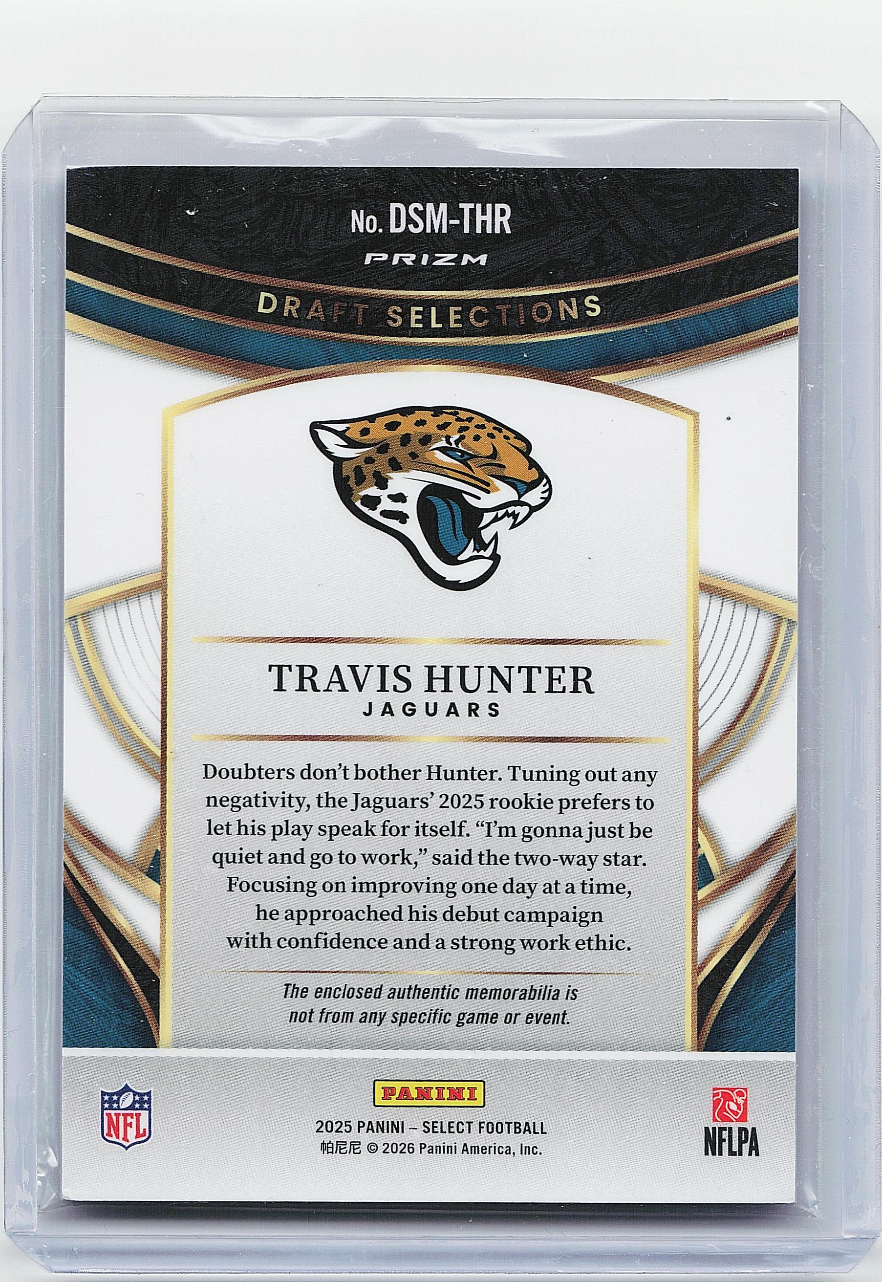 2025 Panini Select #DSM-THR Travis Hunter Draft Selections Memorabilia Blue