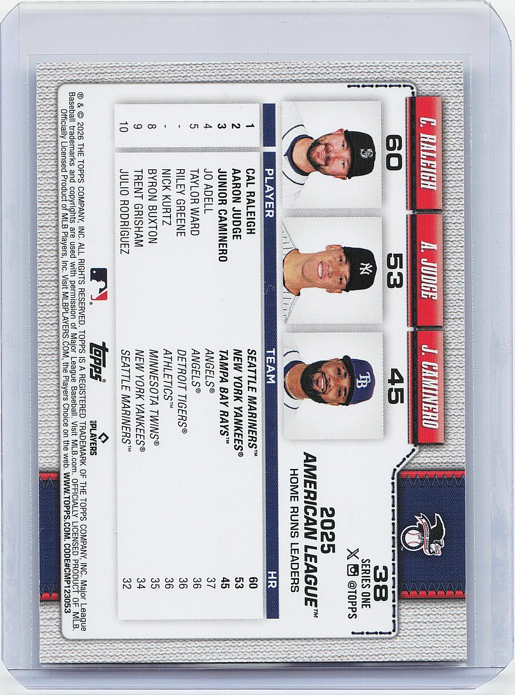 2026 Topps #38 AL Leaders HRs ( Raleigh / Judge / Caminero) Opening Day Foil