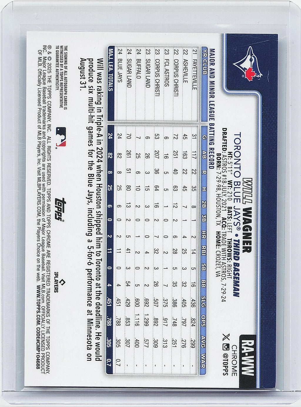 2025 Topps Chrome #RA-WW Will Wagner Rookie Autographs