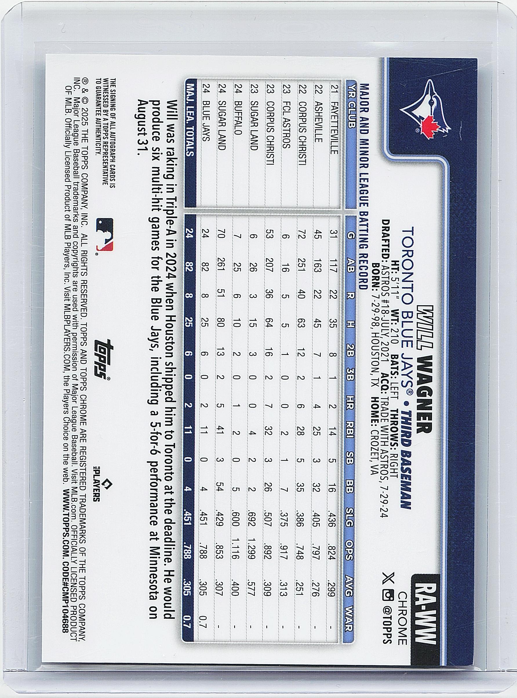 2025 Topps Chrome #RA-WW Will Wagner Rookie Autographs