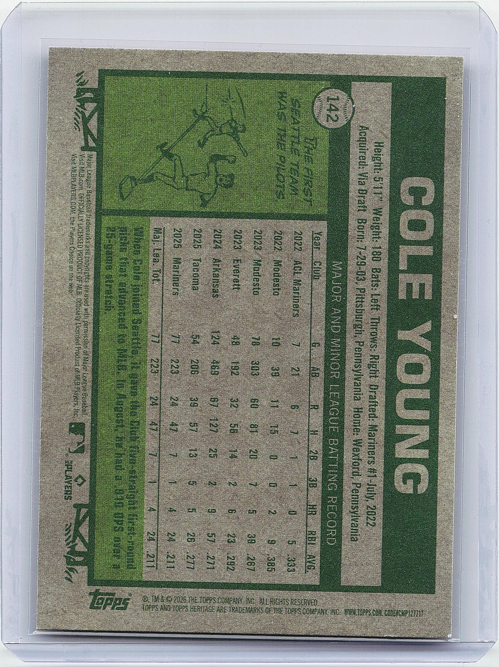 2026 Topps Heritage #142 Cole Young Red