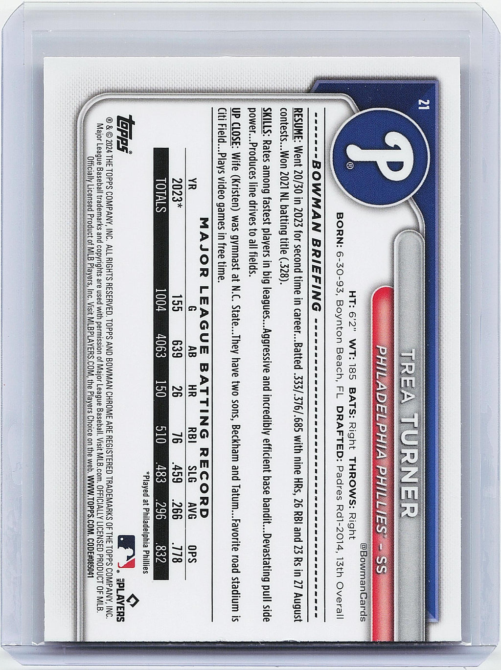 2024 Bowman Chrome #21 Trea Turner Orange Refractors #/25
