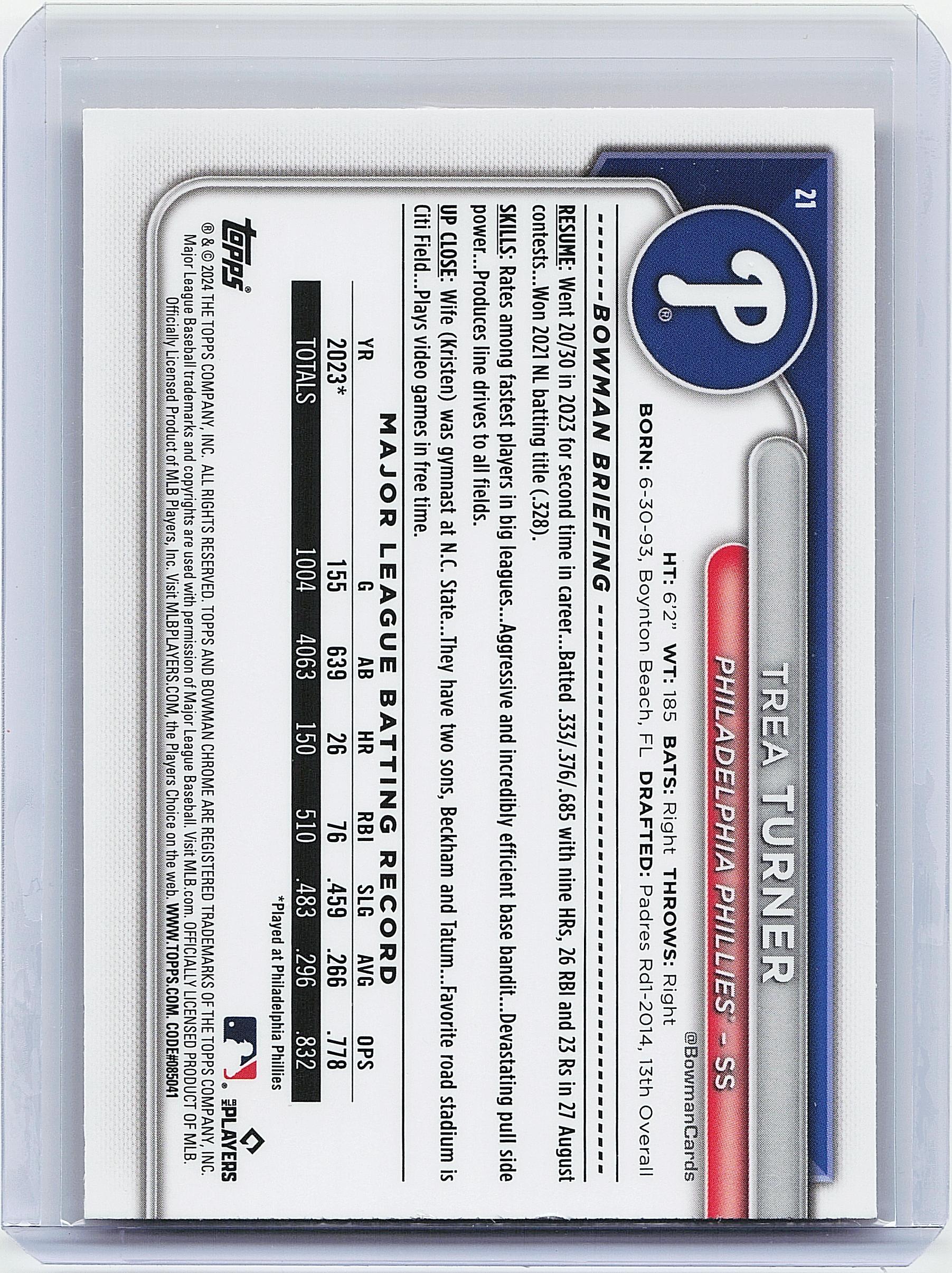 2024 Bowman Chrome #21 Trea Turner Orange Refractors #/25