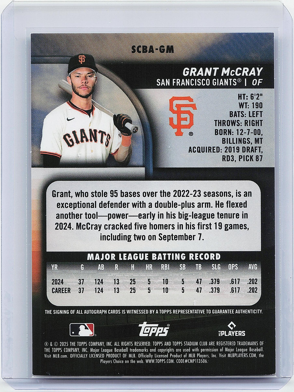 2025 Stadium Club #SCBA-GM Grant McCray Base Autographs