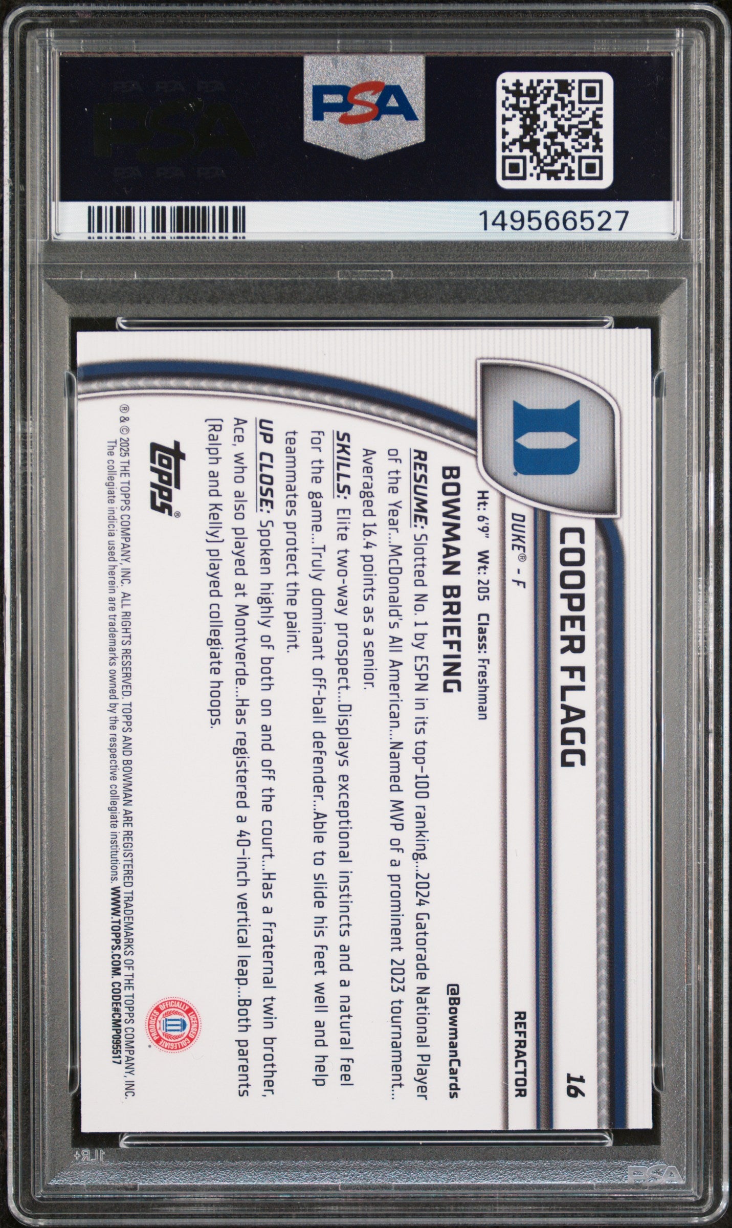 2024-25 Bowman University Chrome #16 Cooper Flagg Refractor PSA 9