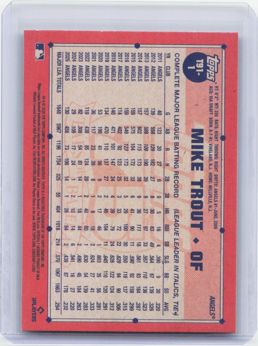 2026 Topps #T91-1 Mike Trout 1991 Topps Baseball 35th Anniversary Crackle Foil