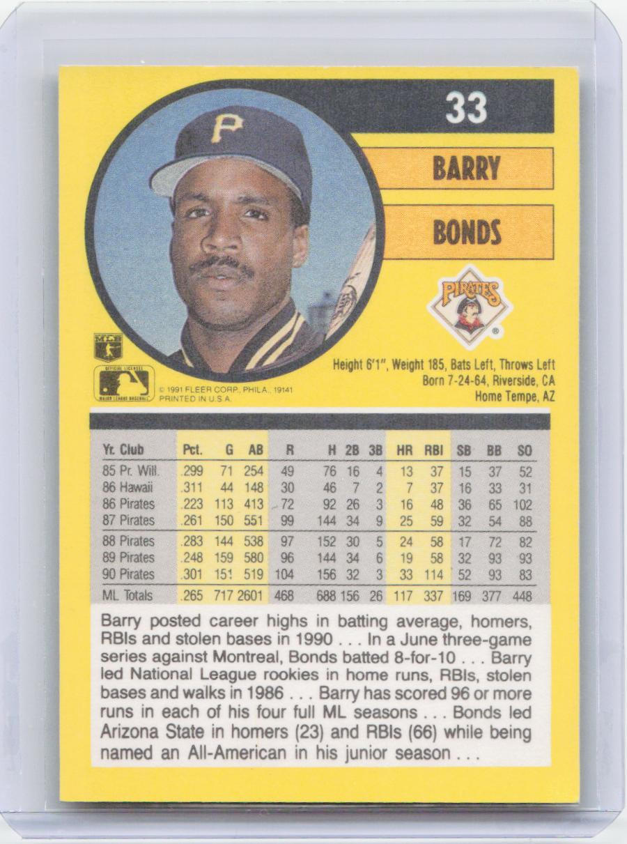 1991 Fleer #33b Barry Bonds : Jumbo Pack version