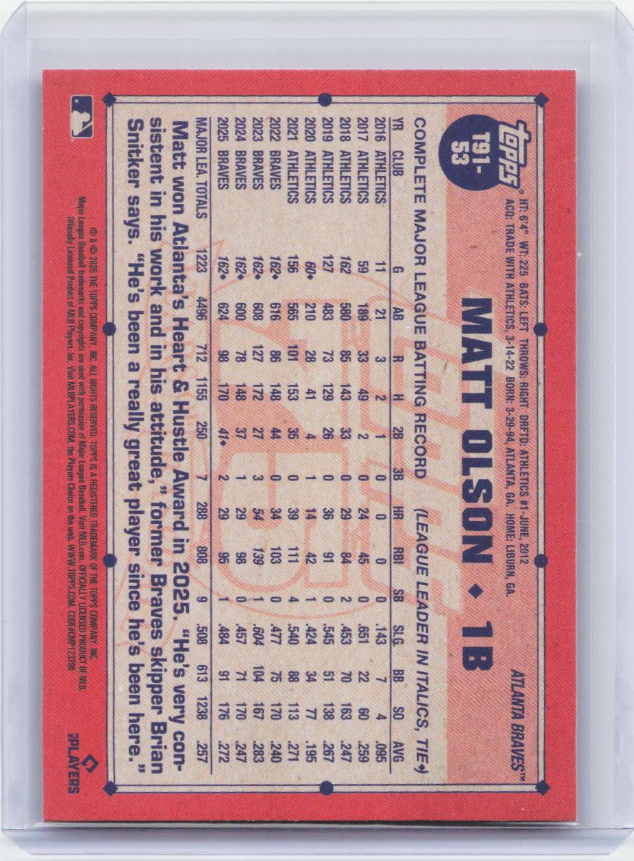 2026 Topps #T91-53 Matt Olson 1991 Topps Baseball 35th Anniversary Pink