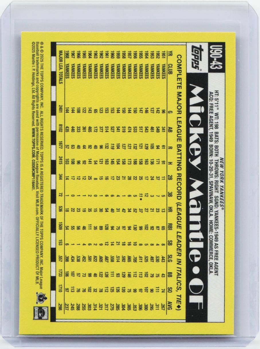 2025 Topps Update #U90-43 Mickey Mantle 1990 Topps Baseball 35th Anniversary