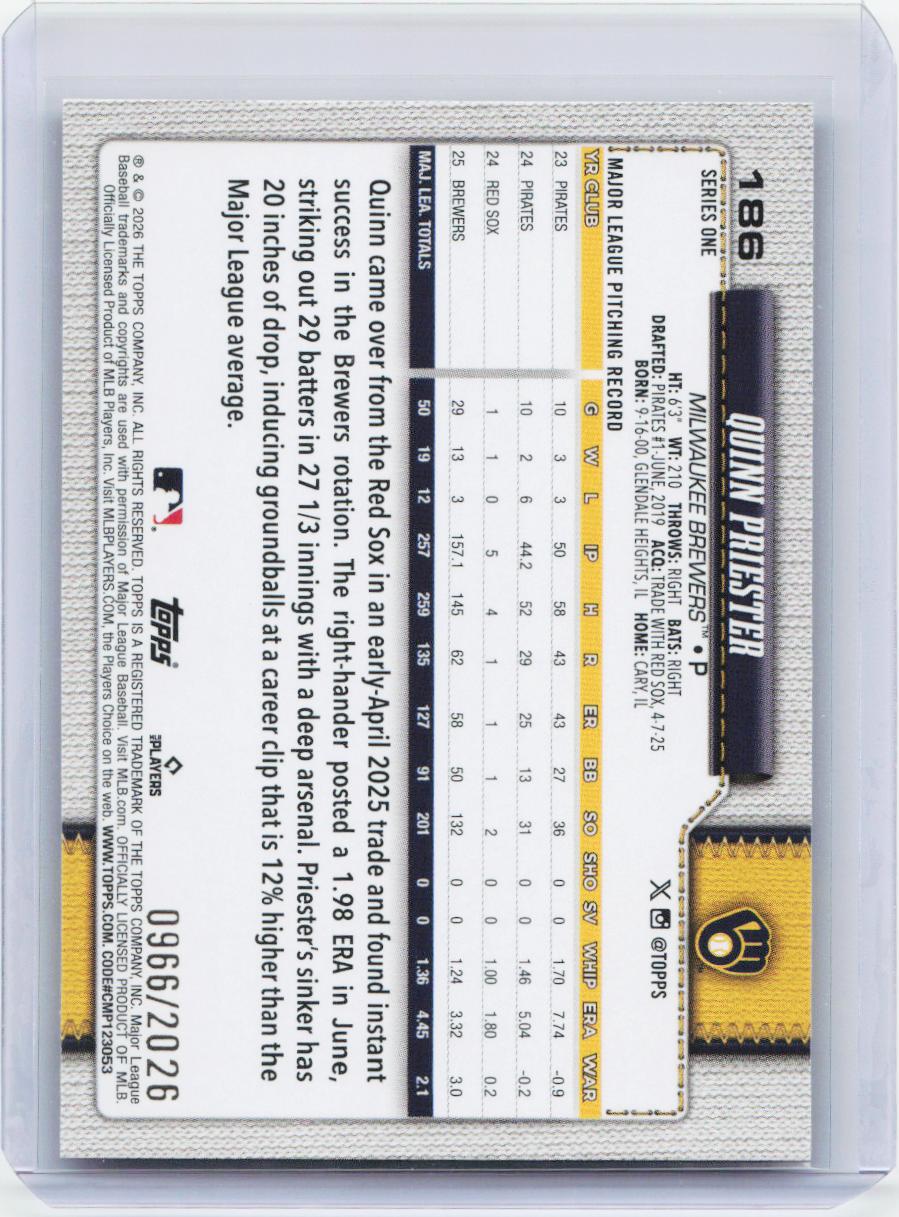 2026 Topps #186 Quinn Priester Gold #/2026