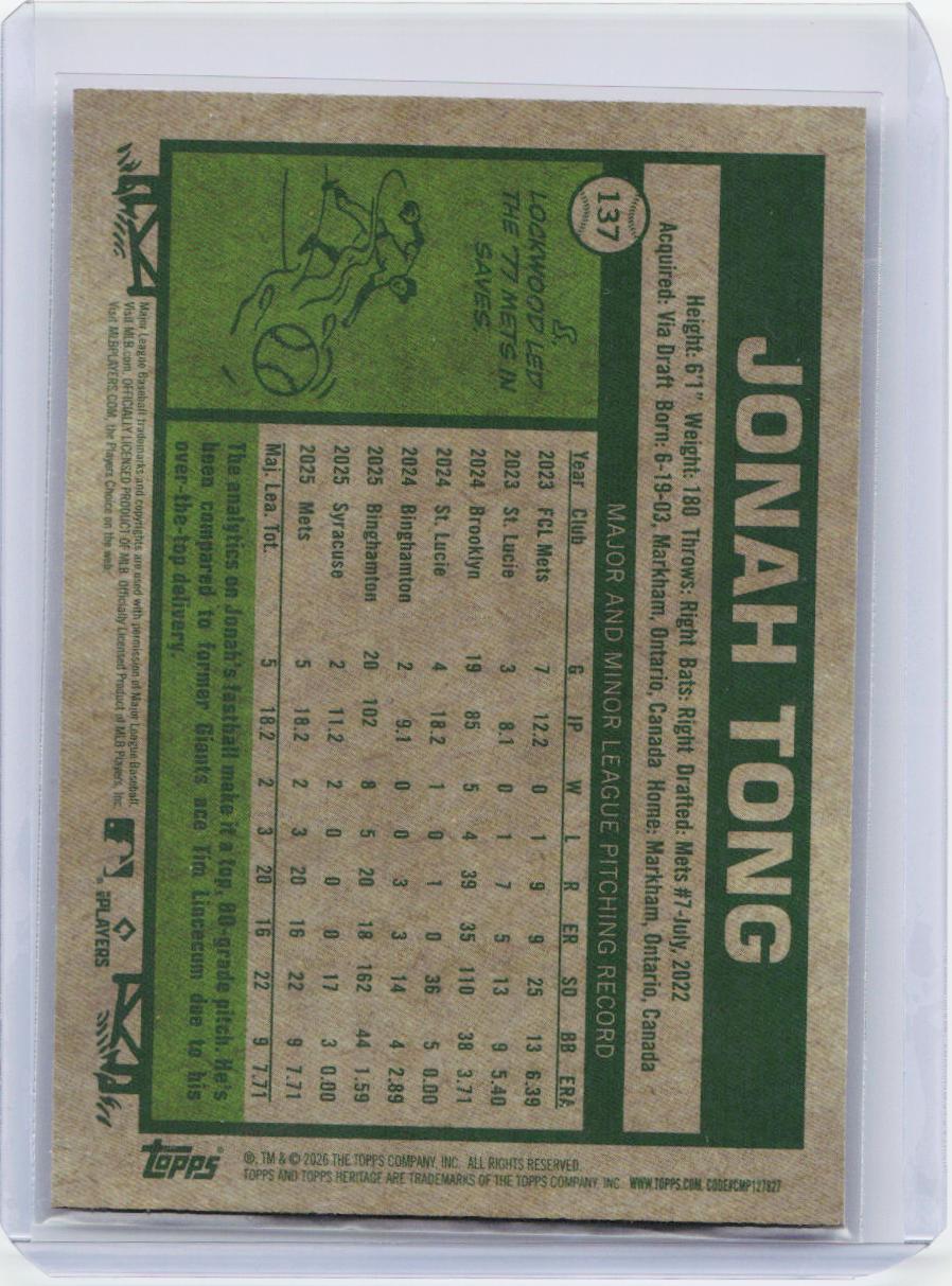 2026 Topps Heritage #137 Jonah Tong Chrome Pink Sparkle Refractors