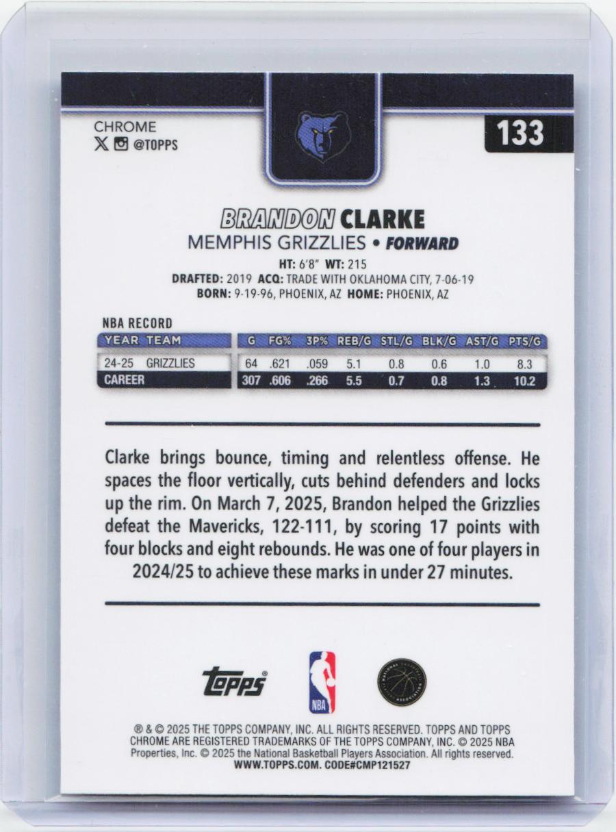 2025-26 Topps Chrome #133 Brandon Clarke X-Fractor