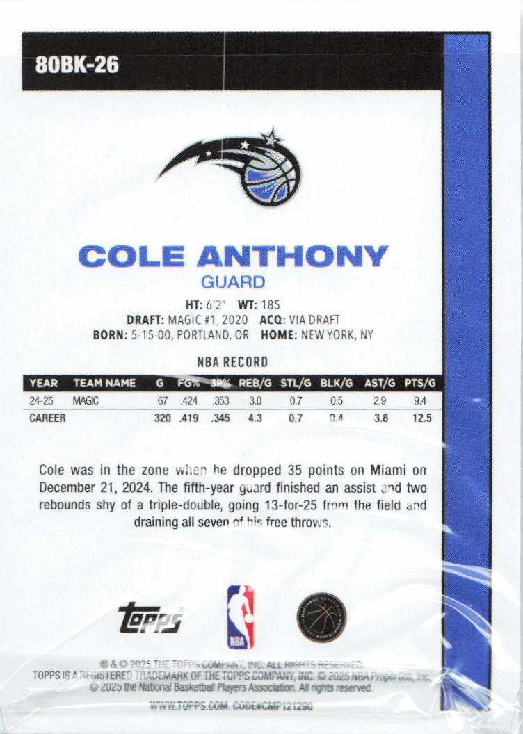 2025-26 Topps #80BK-26 Cole Anthony 1980-81 Topps Basketball