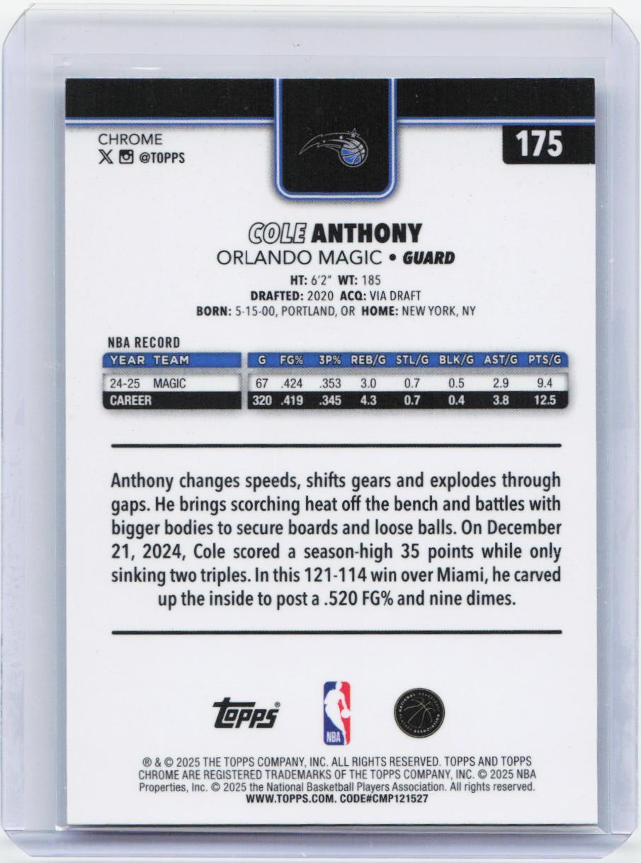 2025-26 Topps Chrome #175 Cole Anthony X-Fractor