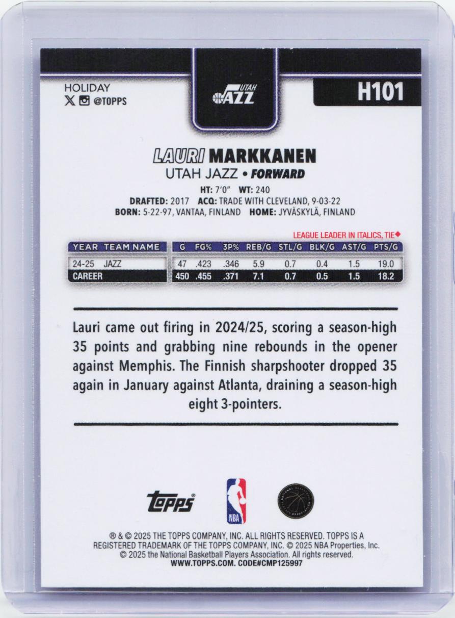 2025-26 Topps Holiday #H101 Lauri Markkanen Glitter Holiday