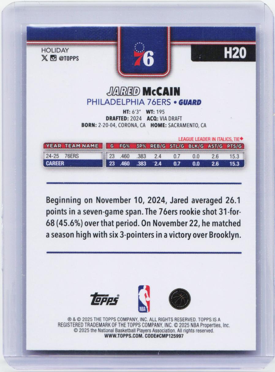 2025-26 Topps Holiday #H20 Jared McCain Glitter Holiday